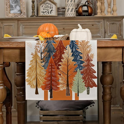 Fall Watercolor Tree & Maple Leaves Striped Table Runner 13x36 Inch, Rustic - Image 3