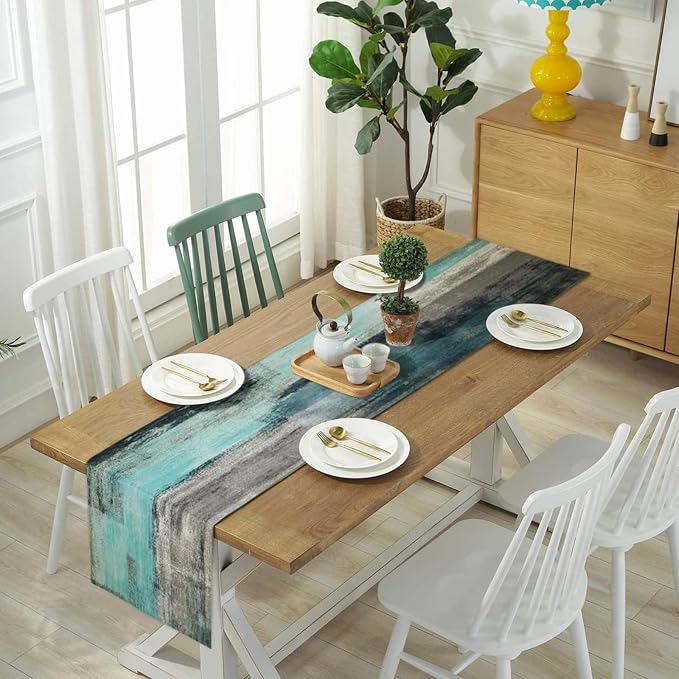 Teal and Grey Table Runner 13x72 Inch Modern Abstract Art Painting Kitchen - Image 3