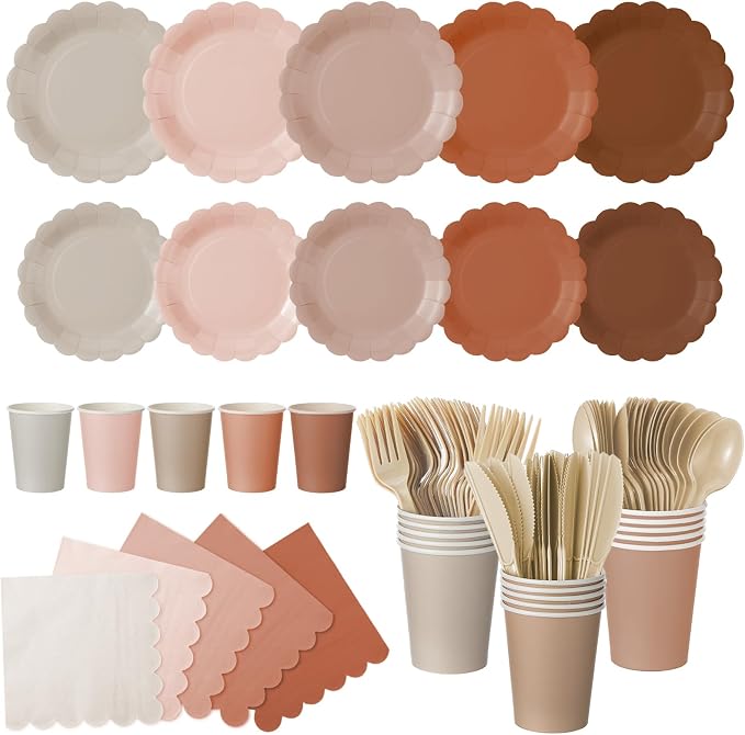 Yaomiao 175 Pcs Brown Paper Plates Boho Disposable Dinnerware Sets by Yaomiao