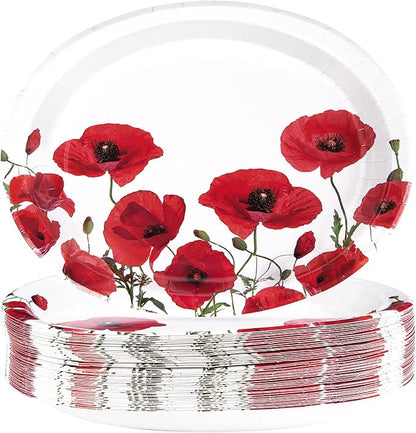 50Pcs Poppy Floral Oval Paper Plates 10" x 12" Large Disposable Heavy Duty Spring Poppies Dessert Platters Watercolor Red Flowers Dinner Plates for Seasonal Bridal Shower Tea Garden Party Supplies