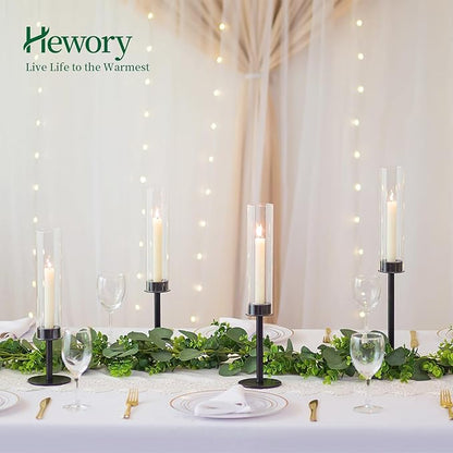 Hewory Black Candlestick Holders Hurricane Candle Holder, 3Pcs Candle Stick Candle Holder Candelabra, Taper Candle Holders with Glass Candle Cover for Wedding Table Centerpiece Christmas Decor