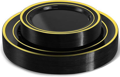 60 PCS Black and Gold Plastic Plates, Disposable Party Black Plates Include 30 10 inch Dinner Plate and 30 7 inch Dessert Plate Perfect for Holiday, Birthday, Wedding & Party