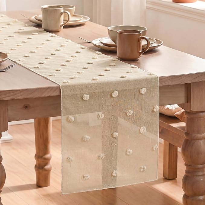 Artoid Mode Champagne Pom Pom Tulle Table Runner, Seasonal Washable Kitchen by ArtoidMode