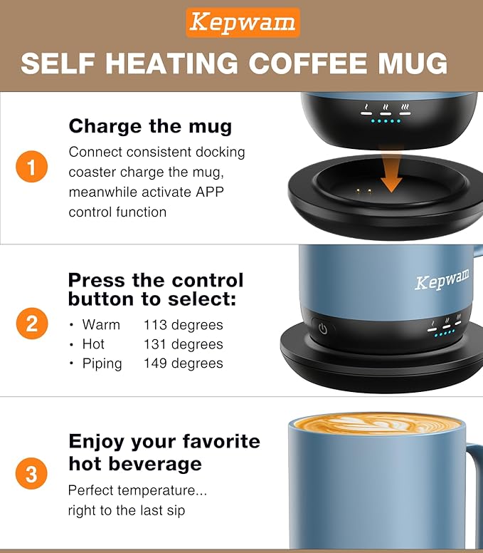 Kepwam Self-Heating Coffee Mug T1-16oz, Fast Heating Rechargeable Heated Coffee - Image 3