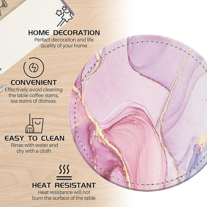 Coasters for Drinks PU Leather,Set of 6 with Holder,Round Housewarming Gift Home Decor,Pink and Golden Marble
