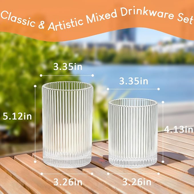 14 oz & 18 oz Ribbed Drinking Glasses Set of 12, Vintage Iced Coffee Cups - Image 6
