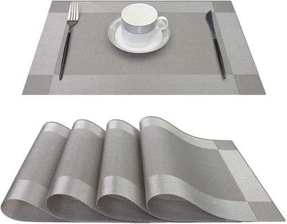 PIGCHCY Placemats Heat-Resistant Non-Slip Table Mats Washable Easy to Clean Woven Vinyl Placemats for Dining Table(Set of 4, Grey)