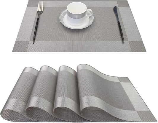 PIGCHCY Placemats Heat-Resistant Non-Slip Table Mats Washable Easy to Clean Woven Vinyl Placemats for Dining Table(Set of 4, Grey)