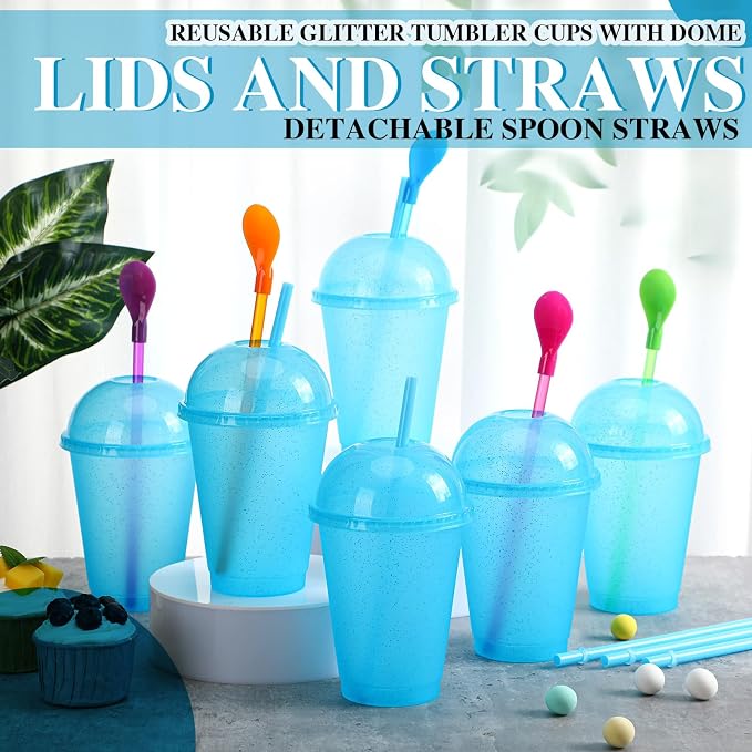 6 Set Slushie Cups with Dome Lids and Straws Detachable Spoon Straws Reusable - Image 4