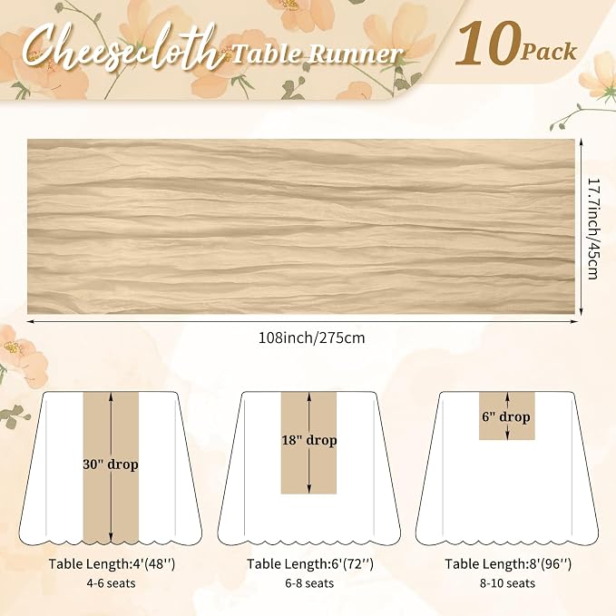 Pesonlook Cheesecloth Table Runner Beige, 10 Pack 17.7x108 inch, Long | Rustic - Image 2