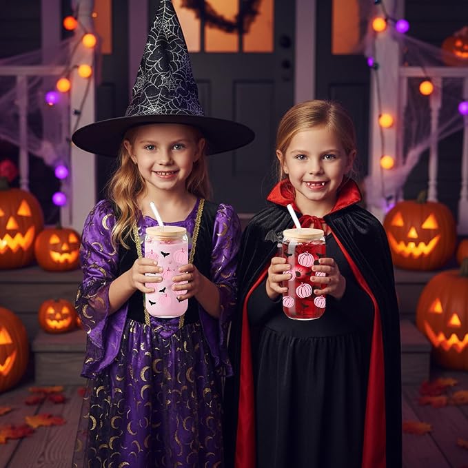Sliner 2 Pcs Halloween Glass Cups Pink Pumpkin Bat Drinking Tumbler Fall - Image 3