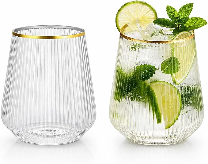 40 Pack 12oz Ribbed Gold Rim Disposable Wine Glasses, Plastic Cocktail Cup | by Oojami