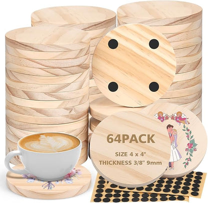 Adrattnay 64Pcs Unfinished Wood Coasters, 4" Round Wooden Coasters Tabletop Protection with Non-Slip Dot for Drinks, 9mm Blank Wood Coasters Bulk for Laser Engraving Painting Wood Burning Crafts
