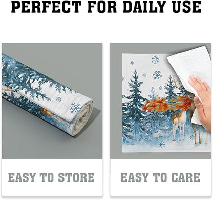 Watercolor Forest Reindeer Placemats Set of 4 - Blue Pine Tree Winter Snowflakes Non-Slip Washable Cloth Place Mats 12 x 18 Inch Reusable Table Mats for Kitchen Dining Holiday Decoration