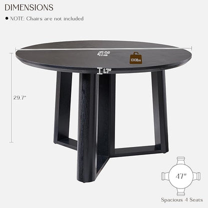 OKD 47" Dining Table for 4-6, Round Dining Room Table with Triangular Structure Pedestal Stable Base, Curved Table Edge, Circle Kitchen Tables for Dining Room, Kitchen, Black Oak