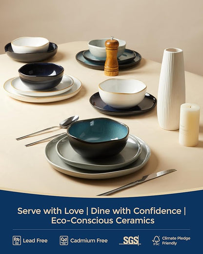 Stoneware Pasta Bowls Set of 4, 8.26" Large Serving Bowls, Chip Resistant Plate Bowls, Salad Serving Bowl for Lunch, Unique Irregular Look, Starry Blue
