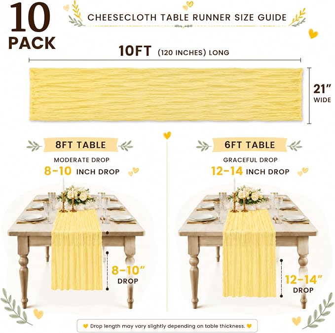10Pack Light Yellow Table Runner 10FT Gauze Cheesecloth Table Runner | 21x120 - Image 3
