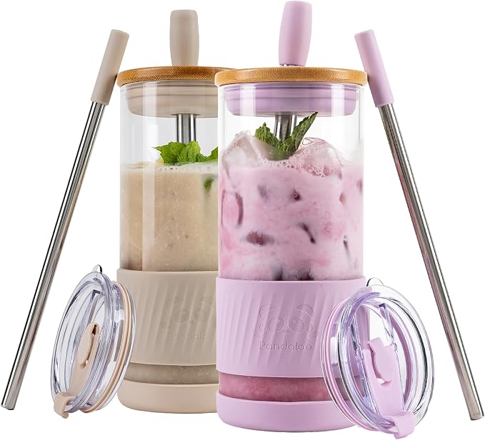 Pandaloo® Glass Cups With Lids and Straws -20 Fl Oz- Perfect Size Iced Coffee by Pandaloo