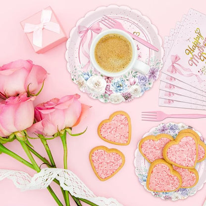 Gistome 96 Pieces Mother’s Day Floral Tableware Set – Pink Scalloped Disposable - Image 6