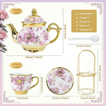 20 Pcs Porcelain Tea Set with Metal Holder, 700ml/23oz European Ceramic Tea Set - Image 3