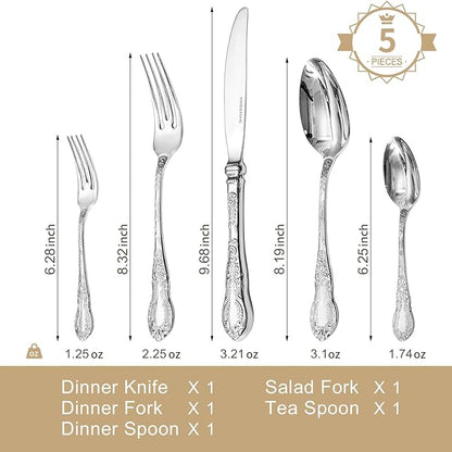 KINGSTONE Vintage Carved Silverware Set, 5-Piece 18/10 Stainless Steel Flatware Cutlery Set with Retro Royal Thick Handle, Tableware Utensils for Home, Restaurant, party, Wedding, Dishwasher Safe