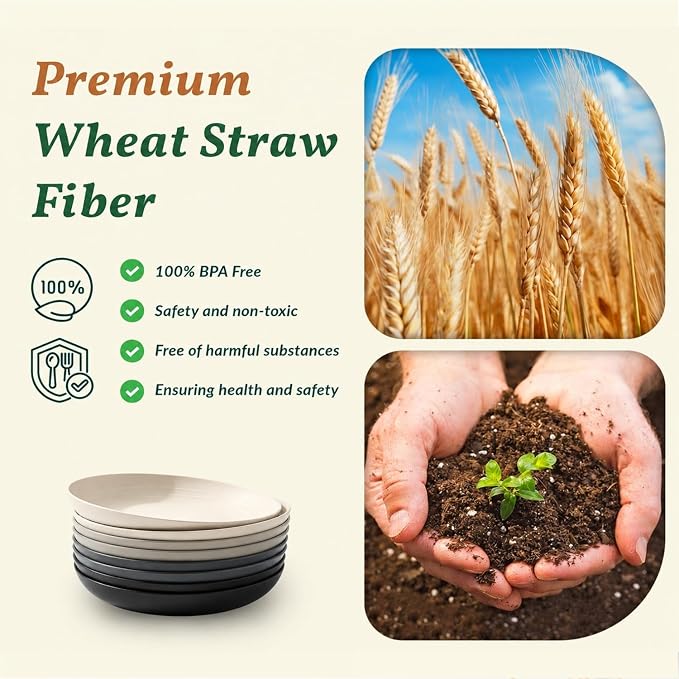 Wheat Straw Plates Set of 8, Reusable Lightweight and Unbreakable 9 inch Plates - Image 3