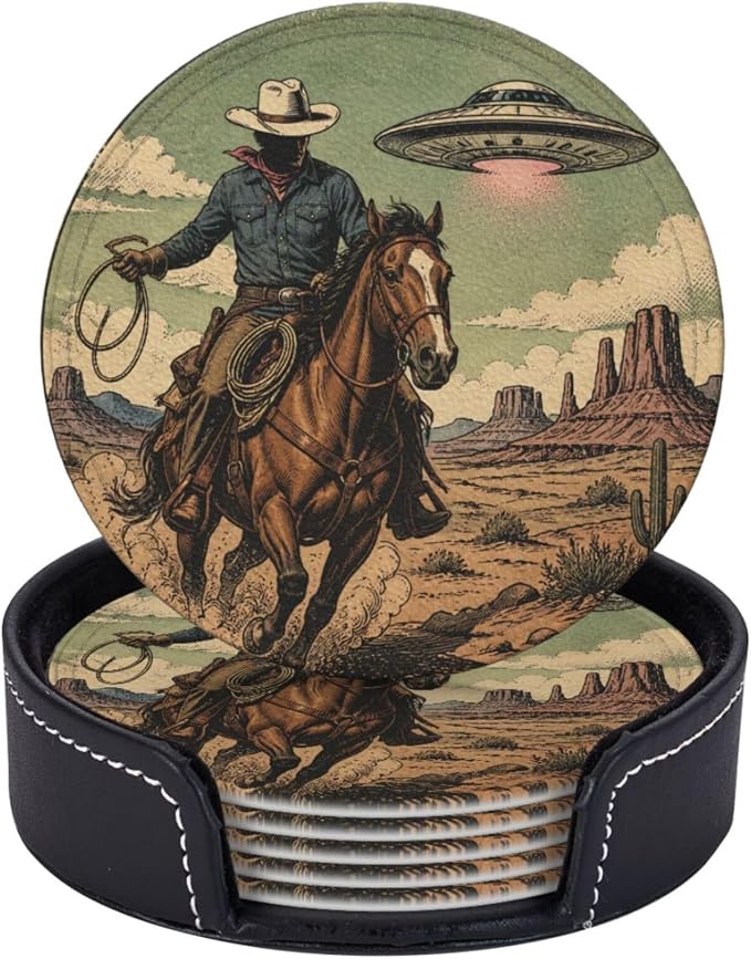 Retro UFO Western Cowboy Leather Coasters Set of 6 by NeuKim