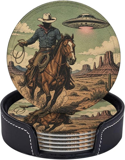 Retro UFO Western Cowboy Leather Coasters Set of 6 by NeuKim