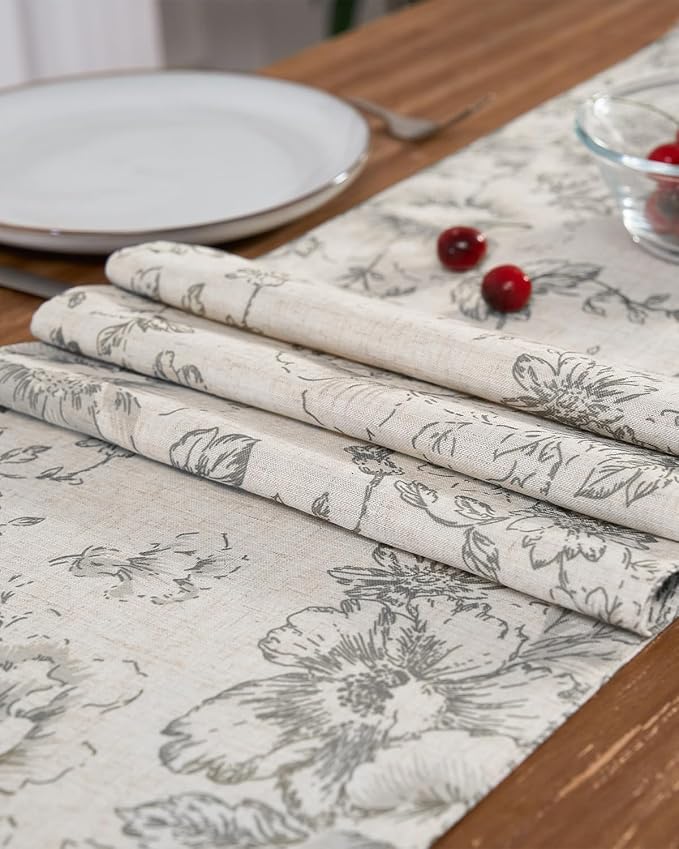 jinchan Grey Floral Linen Table Runner 13 x 108 Inch Farmhouse | Understated - Image 6