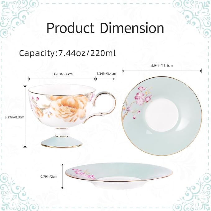 KAMMAK Tea Cups Set of 2, Ceramic Floral Pattern Demitasse Cup | Porcelain - Image 2