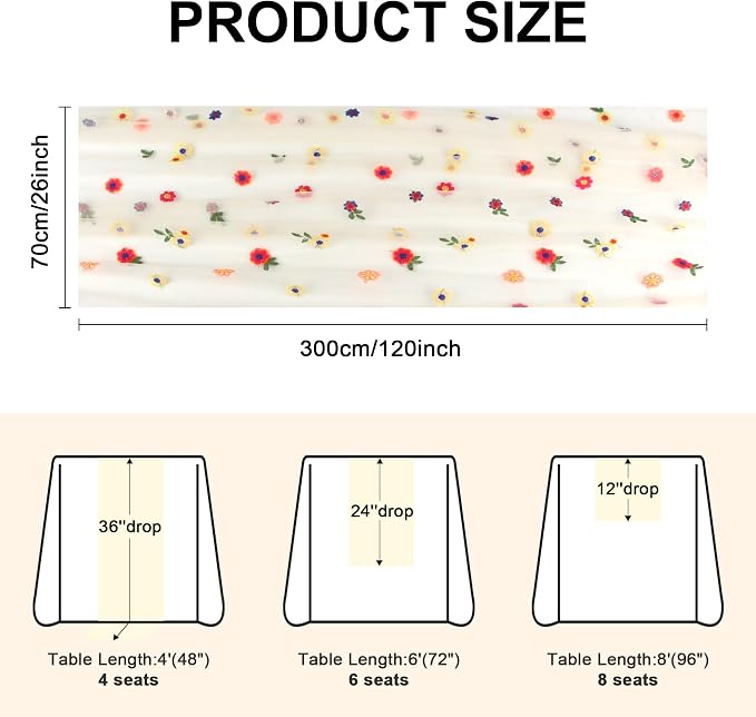 Table Runner 10FT Floral Gauze Tea Party Decorations Embroidery | Champagne - Image 3
