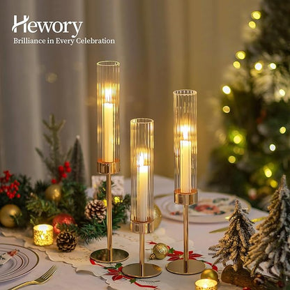 Hewory Gold Taper Candle Holders: Candlestick Holders Set of 3 Hurricane Glass Tall Candle Holder for Candlesticks Candle Sticks Holder Decor for Table Centerpiece Wedding Party Christmas Decorations