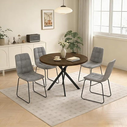 44" Round Dining Table with Cozy Chair Set for 4, Modern Mid-Century Dining Table Set of 4, Dinette Sets with Metal Leg for Kitchen Dining Room Apartment(Walnut Table + Gray Chairs)