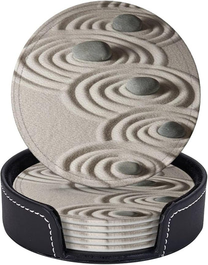 6 Pcs Japanese Zen Garden Meditation Stone Leather Coasters by CAPVKING