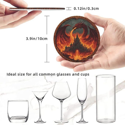 Dragon Coasters for Drinks with Holder Round Leather Coasters Set of 6 Cups Mugs Mat Pad for Home Kitchen Bar