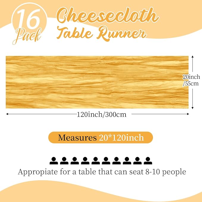 16 Pack Gold Cheesecloth Table Runners 20x120 Inch Gauze Table Runner 10FT - Image 2