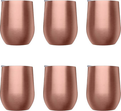 DISCOUNT PROMOS Stemless Wine Glass Tumblers with Lids by Largo 11 oz. Set of 6, Bulk Pack - Perfect for Wine, Cocktails, Other Hot & Cold Beverages - Rose Gold