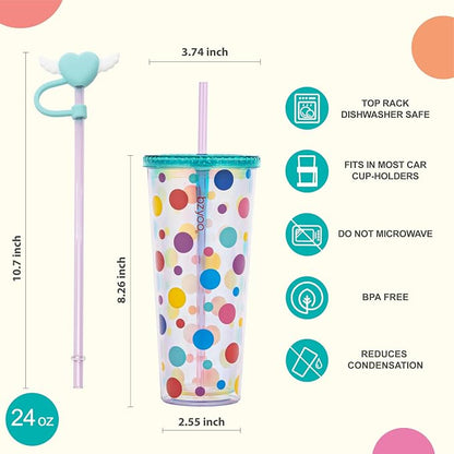 bzyoo 24 oz SIP Tumbler with Heart-Shaped w/Wing Straw Cap Cover– Cute DotDot - Image 6
