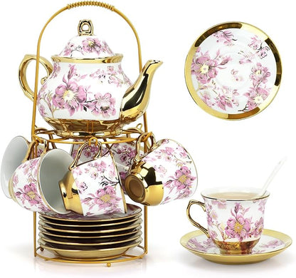 20 Pcs Porcelain Tea Set With Metal Holder, by YCWF