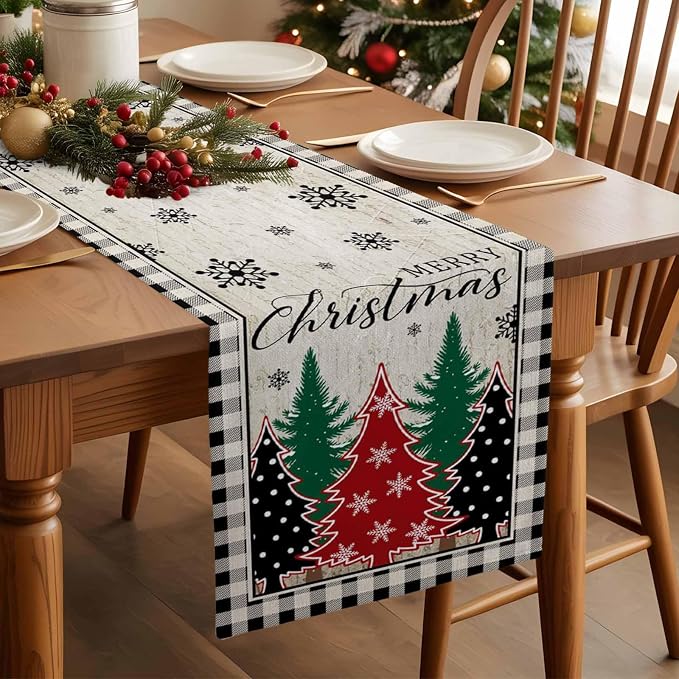 Christmas Trees Table Runner 60 Inches Long, Xmas Snowflake Retro Table Runners - Image 3