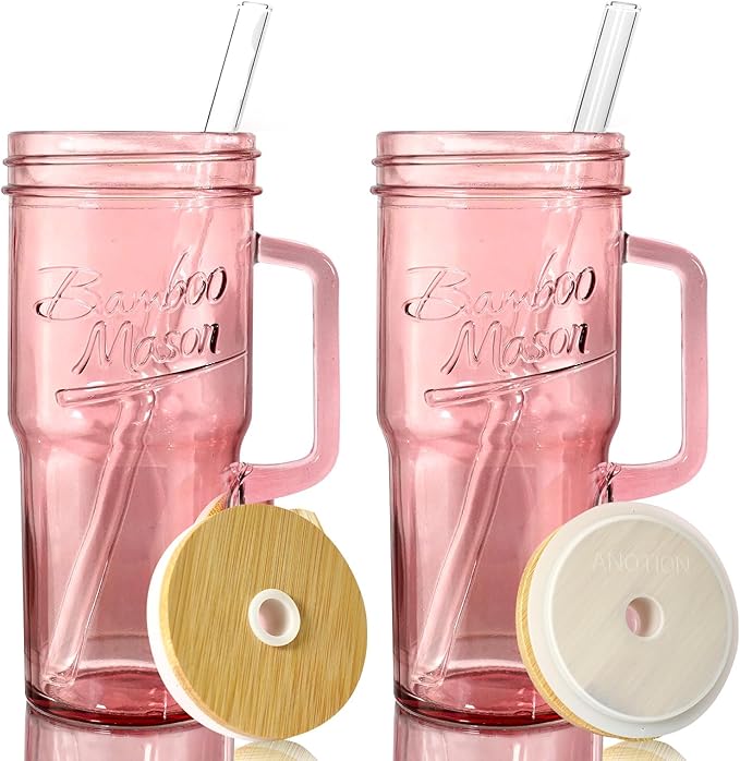 ANOTION Glass Cups with Handle, 24oz Glass Cups with Lids and Straws Travel by ANOTION