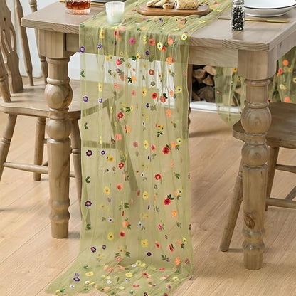 Artoid Mode Green Embroidery Daisy Gauze Table Runner 59x120 Inch 10FT | - Image 4