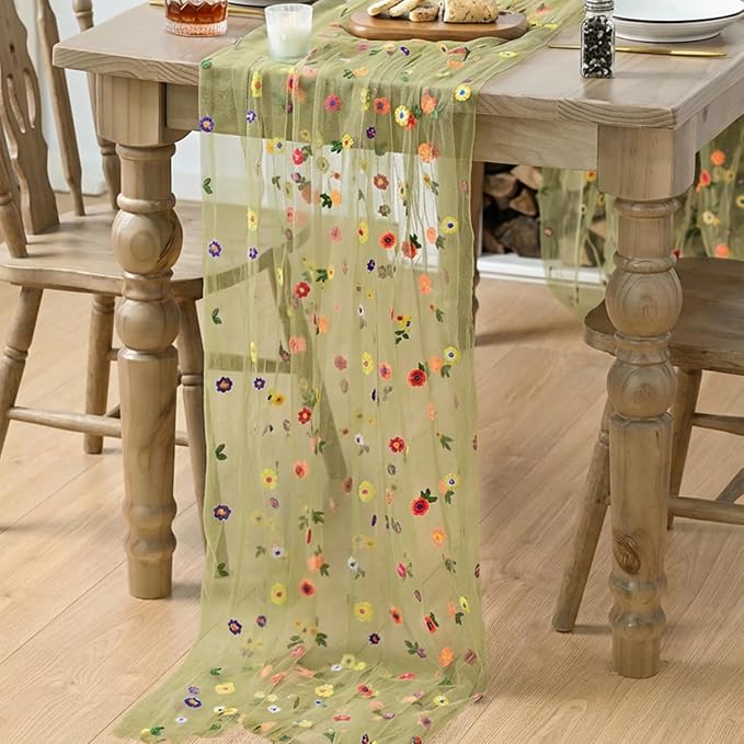 Artoid Mode Green Embroidery Daisy Gauze Table Runner 120 Inch 10FT | Seasonal - Image 4