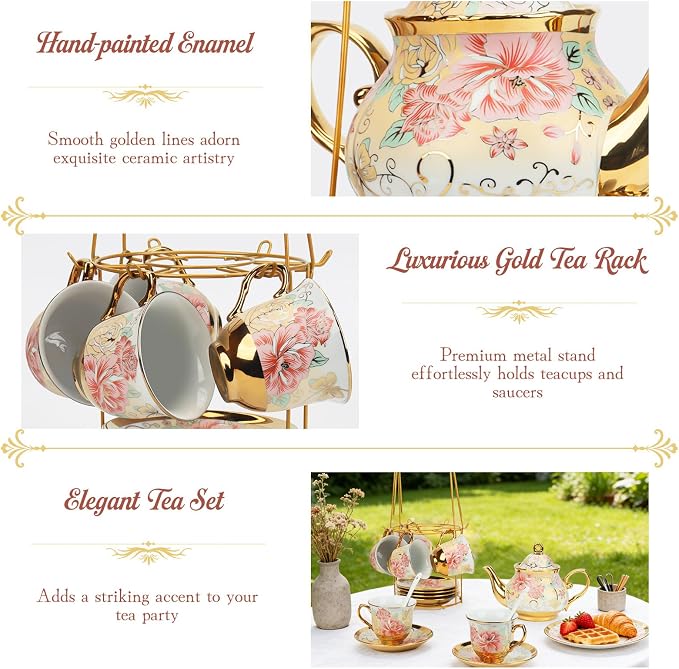 20 Pcs Porcelain Tea Set with Metal Holder, European Ceramic Tea Set - Image 4