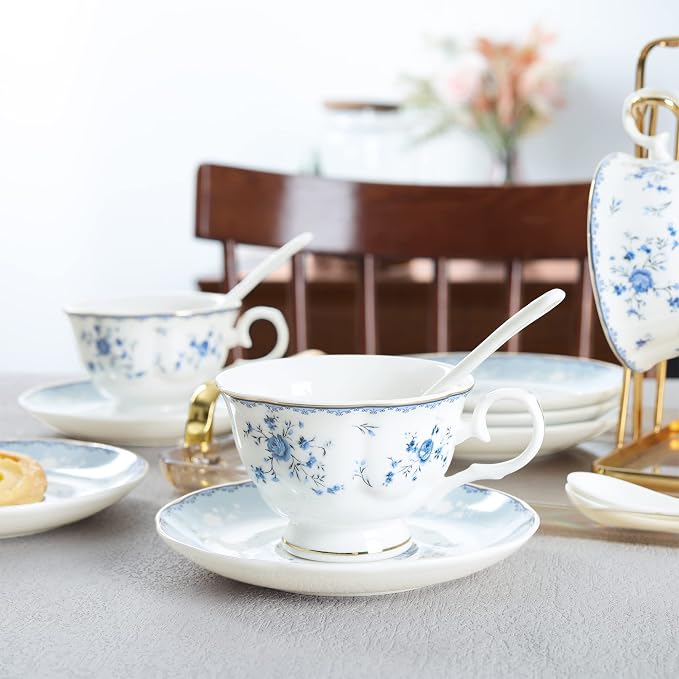 fanquare 15 Piece Blue Rose Porcelain Tea Set, British Floral Teapot - Image 4