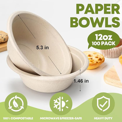 W&Y 12 oz Paper Bowls Disposable 100-Count, Compostable Disposable Bowls | - Image 2