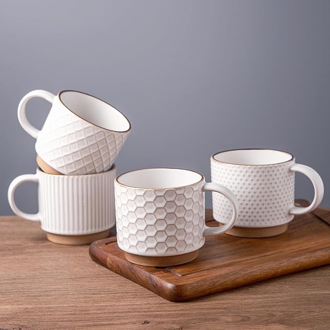 GBhome 12 OZ Stackable Coffee Mugs Set of 4, Ceramic Coffee Cups Set | 4 by GBhome