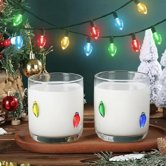 Icon Juice Glasses, 14oz Stemless Wine Drinking Juice Glass Cup for Valentine Party Supplies Gift(2 Pcs,Christmas Bulbs)