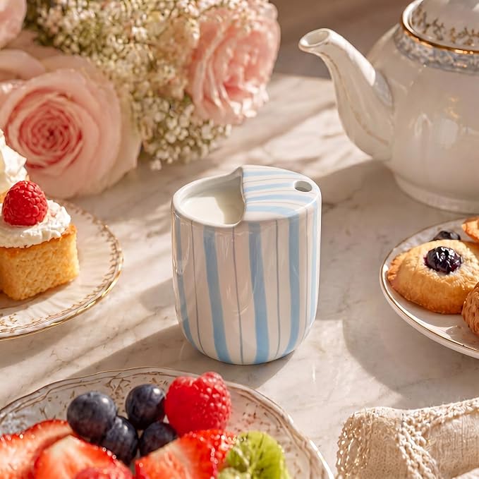 Ceramic Mug with Sip Hole 10 oz Light Blue Striped Ceramic Coffee Mug Hand - Image 4