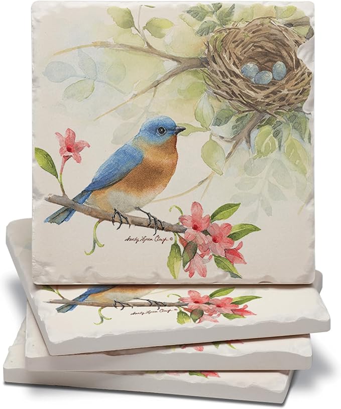 Thirstystone Bluebird Birdsong 4 Pack Tumbled Tile Stone Coasters | 4" Square by CounterArt